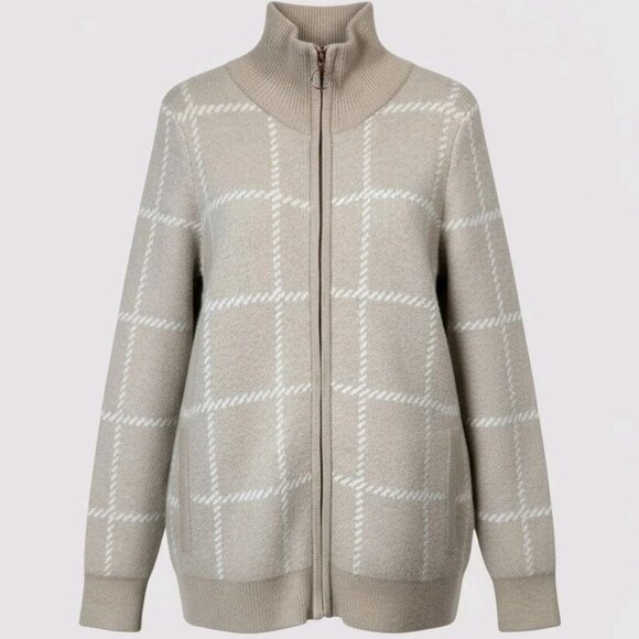 Rachel Zoe Wool Blend Tan Zip Up Mock Neck Knit Cardigan Sweater Women's Medium - Picture 1 of 7